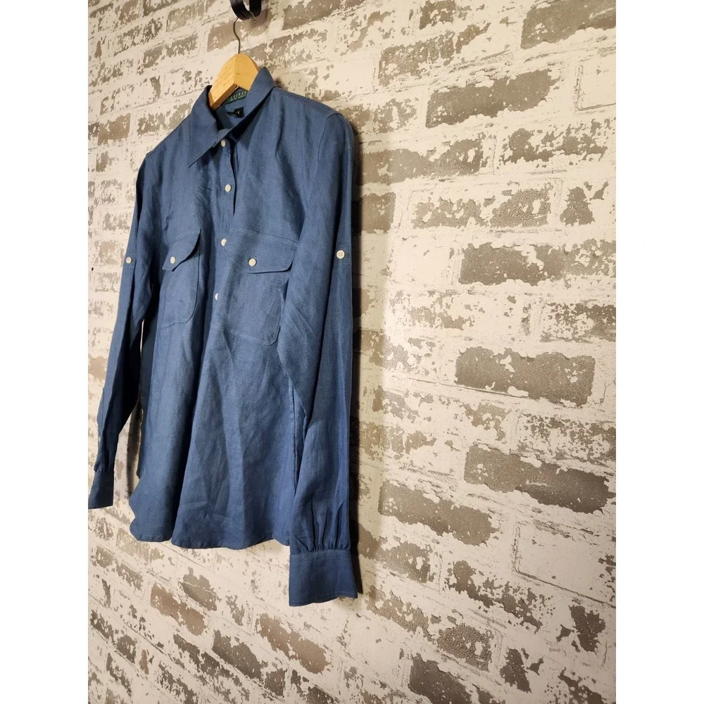 Ralph Lauren Shirt Womens Large Blue Linen Long Sleeve Button Up Beachy Coastal - Picture 8 of 15